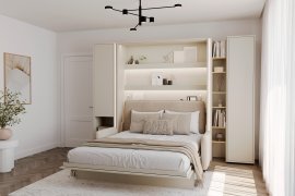Set bestehend aus Schrankbett BC-13, Kopfteil BC-33, Sofa BC-35, 3x LED, Schränken BC-07, BC-21, BC-24 – Kaschmir, Matratze – 180x200 cm – Kaschmir/Beige