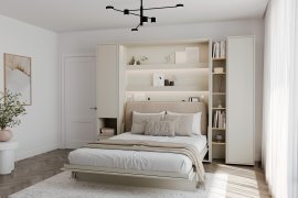 Set: Schrankbett BC-01 mit Kopfteil BC-16, 1x LED-Beleuchtung, Schränke BC-07, BC-21, BC-24 – Kaschmir, Matratze – 140x200 cm – Kaschmir/Beige