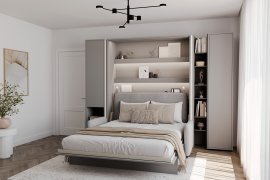 Set bestehend aus Bett im Schrank BC-13, Kopfteil BC-33, Sofa BC-35, 3x LED, Schränken BC-07, BC-21, BC-24 – grau, Matratze – 180x200 cm – grau