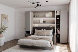Set: Bett im Schrank BC-13, Kopfteil BC-33, Sofa BC-35, 3x LED, Schränke BC-07, BC-21, BC-24 – grau, Matratze – 180x200 cm – grau/grafit