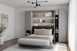 Komplettset Bett im Schrank BC-01, Kopfteil BC-16, 1x LED, Schränke BC-07, BC-21, BC-24 – grau, Matratze – 140x200 cm – grau/Grafit