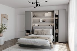 Set: Bett im Schrank BC-13, Kopfteil BC-33, 1x LED, Schränke BC-07, BC-21, BC-24 – grau, Matratze – 180x200 cm – grau