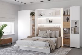 Set bestehend aus Bett im Schrank BC-13, Kopfteil BC-33, Sofa BC-35, 3x LED, Schränken BC-20, BC-24, BC-23, BC-08 – weiß, Matratze – 180x200 cm – weiß/beige