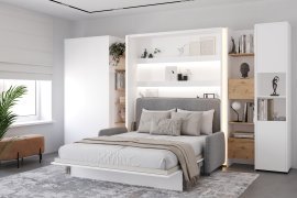 Set aus Schrankbett BC-13, Kopfteil BC-33, Sofa BC-35, 3x LED, Schränke BC-20, BC-24, BC-23, BC-08 – weiß, Matratze – 180x200 cm – weiß/grau