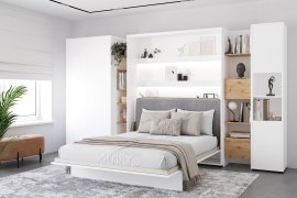 Set: Bett-im-Schrank BC-01, Kopfteil BC-16, 1x LED, Schränke BC-20, BC-24, BC-23, BC-08 – Weiß, Matratze – 140x200 cm – Weiß/Grau