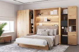 Komplettset Bett im Schrank BC-13, Kopfteil BC-33, Sofa BC-35, 3x LED, Schränke BC-20, BC-24, BC-23, BC-08 – Artisan, Matratze – 180x200 cm – Eiche Artisan/Beige