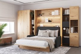 Set: Bett im Schrank BC-13, Kopfteil BC-33, Sofa BC-35, 3xLED, Schränke BC-20, BC-24, BC-23, BC-08 – Artisan, Matratze – 180x200 cm – Eiche Artisan/Grafit
