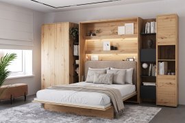 Set: Bett im Schrank BC-13, Kopfteil BC-33, 1x LED, Schränke BC-20, BC-24, BC-23, BC-08 – Artisan, Matratze – 180x200 cm – Eiche Artisan/Beige