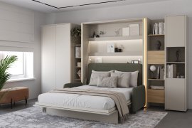 Set: Bett im Schrank BC-13, Kopfteil BC-33, Sofa BC-35, 3x LED, Schränke BC-20, BC-24, BC-23, BC-08 – Kaschmir, Matratze – 180x200 cm – Kaschmir/Grün