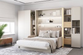 Set bestehend aus Bett im Schrank BC-13, Kopfteil BC-33, Sofa BC-35, 3x LED, Schränken BC-20, BC-24, BC-23, BC-08 – Kaschmir, Matratze – 180x200 cm – Kaschmir/Beige