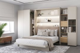 Set: Bett-im-Schrank BC-01, Kopfteil BC-16, 1x LED, Schränke BC-20, BC-24, BC-23, BC-08 – Kaschmir, Matratze – 140x200 cm – Kaschmir/Beige