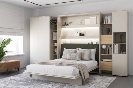 Set: Bett im Schrank BC-13, Kopfteil BC-33, 1x LED, Schränke BC-20, BC-24, BC-23, BC-08 – Kaschmir, Matratze – 180x200 cm – Kaschmir/Grün