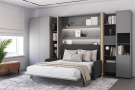 Set bestehend aus Schrankbett BC-01, Kopfteil BC-16, Sofa BC-18, 3x LED, Schränken BC-20, BC-24, BC-23, BC-08 – grau, Matratze – 140x200 cm – grau/Grafit