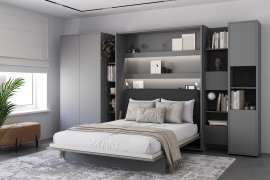 Set: Bett im Schrank BC-13, Kopfteil BC-33, 1x LED, Schränke BC-20, BC-24, BC-23, BC-08 – grau, Matratze – 180x200 cm – grau/Grafit
