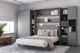 Set: Bett im Schrank BC-13, Kopfteil BC-33, 1x LED, Schränke BC-20, BC-24, BC-23, BC-08 – grau, Matratze – 180x200 cm – grau
