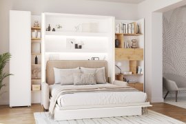 Set bestehend aus Schrankbett BC-13, Kopfteil BC-33, Sofa BC-35, 3x LED, Schränken BC-21, BC-24, BC-22 – weiß, Matratze – 180x200 cm – weiß/beige