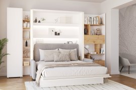 Set: Bett im Schrank BC-12, Kopfteil BC-17, Sofa BC-19, 3x LED, Schränke BC-21, BC-24, BC-22 – weiß, Matratze – 160x200 cm – weiß/grau