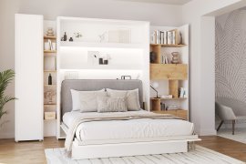 Set: Bett im Schrank BC-13, Kopfteil BC-33, 1x LED, Schränke BC-21, BC-24, BC-22 – weiß, Matratze – 180x200 cm – weiß/grau