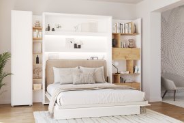 Set: Bett im Schrank BC-13, Kopfteil BC-33, 1x LED, Schränke BC-21, BC-24, BC-22 – weiß, Matratze – 180x200 cm – weiß/beige