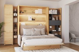 Set aus Schrankbett BC-13, Kopfteil BC-33, Sofa BC-35, 3x LED, Schränke BC-21, BC-24, BC-22 – Artisan, Matratze – 180x200 cm – Eiche Artisan/Beige