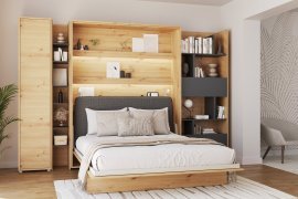 Set: Bett im Schrank BC-13, Kopfteil BC-33, 1x LED, Schränke BC-21, BC-24, BC-22 – Artisan, Matratze – 180x200 cm – Eiche Artisan/Grafit