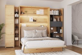 Set: Bett-im-Schrank BC-13, Kopfteil BC-33, 1x LED, Schränke BC-21, BC-24, BC-22 – Artisan, Matratze – 180x200 cm – Eiche Artisan/Beige