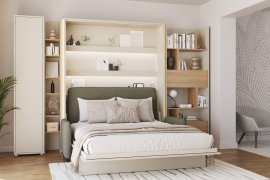 Set: Bett im Schrank BC-13, Kopfteil BC-33, Sofa BC-35, 3xLED, Schränke BC-21, BC-24, BC-22 – Kaschmir, Matratze – 180x200 cm – Kaschmir/Grün