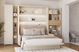 Set: Bett im Schrank BC-13, Kopfteil BC-33, Sofa BC-35, 3x LED, Schränke BC-21, BC-24, BC-22 – Kaschmir, Matratze – 180x200 cm – Kaschmir/Beige