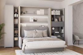 Set: Bett im Schrank BC-13, Kopfteil BC-33, Sofa BC-35, 3x LED, Schränke BC-21, BC-24, BC-22 – grau, Matratze – 180x200 cm – grau