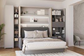Set aus Schrankbett BC-13, Kopfteil BC-33, Sofa BC-35, 3x LED, Schränken BC-21, BC-24, BC-22 – grau, Matratze – 180x200 cm – grau/Grafit