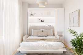 Set bestehend aus Bett-im-Schrank BC-01, Kopfteil BC-16, Sofa BC-18, 3x LED, Schränken BC-07 und Matratze – 140x200 cm – Weiß/Beige