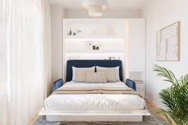 Set: Bett im Schrank BC-13, Kopfteil BC-33, Sofa BC-35, 3x LED, Schränke BC-07, Matratze – 180x200 cm – weiß/blau