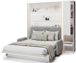 Bed Concept - Set: Bett im Schrank BC-12, Kopfteil BC-17, Sofa BC-19, 3xLED, Schränke BC-07, Matratze – 160x200 cm – Weiß/Grau
