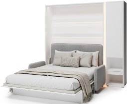 Bed Concept - Set: Bett im Schrank BC-12, Kopfteil BC-17, Sofa BC-19, 3xLED, Schränke BC-07, Matratze – 160x200 cm – Weiß/Grau
