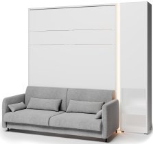 Bed Concept - Set: Bett im Schrank BC-12, Kopfteil BC-17, Sofa BC-19, 3xLED, Schränke BC-07, Matratze – 160x200 cm – Weiß/Grau