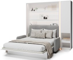 Bed Concept - Set: Bett im Schrank BC-12, Kopfteil BC-17, Sofa BC-19, 3xLED, Schränke BC-07, Matratze – 160x200 cm – Weiß/Grau