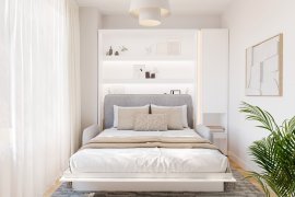 Set: Bett-im-Schrank BC-01, Kopfteil BC-16, Sofa BC-18, 3xLED, Schränke BC-07, Matratze – 140x200 cm – Weiß/Grau