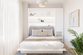 Set: Bett im Schrank BC-01, Kopfteil BC-16, 1x LED, Schränke BC-07, Matratze – 140x200 cm – Weiß/Grau