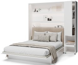 Bed Concept - Set Klappbett im Schrank BC-12 mit Kopfteil BC-17, 1x LED, Schränke BC-07, Matratze – 160x200 cm – Weiß/Beige