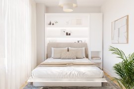 Set: Bett im Schrank BC-01, Kopfteil BC-16, 1x LED, Schränke BC-07, Matratze – 140x200 cm – Weiß/Beige