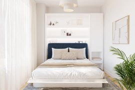 Set: Bett im Schrank BC-01, Kopfteil BC-16, 1x LED, Schränke BC-07, Matratze – 140x200 cm – Weiß/Blau
