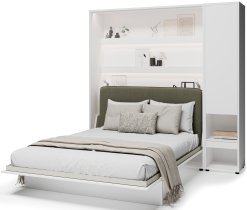 Bed Concept - Set Schlafbett im Schrank BC-01, Kopfteil BC-16, 1x LED, Schränke BC-07, Matratze – 140x200 cm – Weiß/Grün