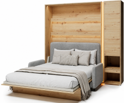 Bed Concept - Set: Bett im Schrank BC-01, Kopfteil BC-16, Sofa BC-18, 3xLED, Schränke BC-07, Matratze – 140x200 cm – Eiche Artisan/Grau