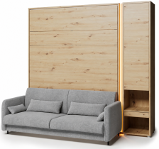 Bed Concept - Set: Bett im Schrank BC-01, Kopfteil BC-16, Sofa BC-18, 3xLED, Schränke BC-07, Matratze – 140x200 cm – Eiche Artisan/Grau