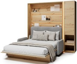 Bed Concept - Set: Bett im Schrank BC-01, Kopfteil BC-16, Sofa BC-18, 3xLED, Schränke BC-07, Matratze – 140x200 cm – Eiche Artisan/Grau