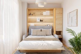 Set: Bett im Schrank BC-01, Kopfteil BC-16, Sofa BC-18, 3xLED, Schränke BC-07, Matratze – 140x200 cm – Eiche Artisan/Grau