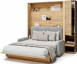 Bed Concept - Set: Bett im Schrank BC-01, Kopfteil BC-16, Sofa BC-18, 3xLED, Schränke BC-07, Matratze – 140x200 cm – Eiche Artisan/Grau