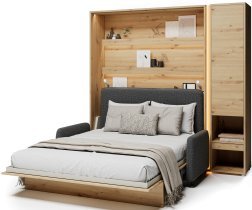 Bed Concept - Set: Bett-im-Schrank BC-12, Kopfteil BC-17, Sofa BC-19, 3x LED, Schränke BC-07, Matratze – 160x200 cm – Eiche Artisan/Grafit