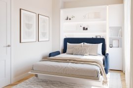 Set: Bett im Schrank BC-12, Kopfteil BC-17, Sofa BC-19, 3x LED, Schränke BC-08, Matratze – 160x200 cm – Weiß/Blau