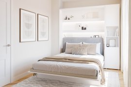 Set: Bett-im-Schrank BC-13, Kopfteil BC-33, 1x LED, Schränke BC-08, Matratze – 180x200 cm – Weiß/Grau